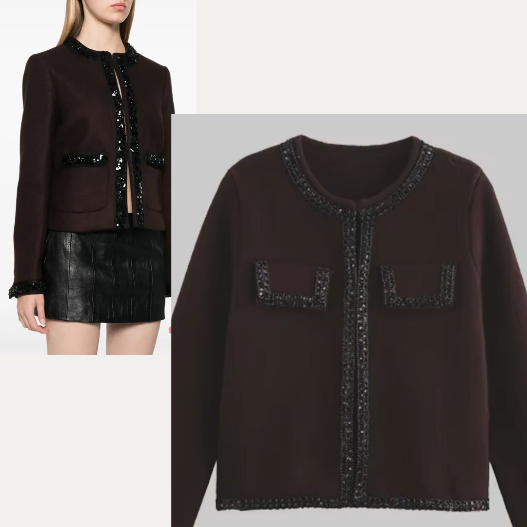 Edle, taillierte Tweed-Jacke in Dunkelbraun mit funkelnden Pailletten-Details entlang der Kanten und Taschen. Perfekt für einen eleganten und luxuriösen Look – kombinierbar mit Röcken, Kleidern oder Hosen.