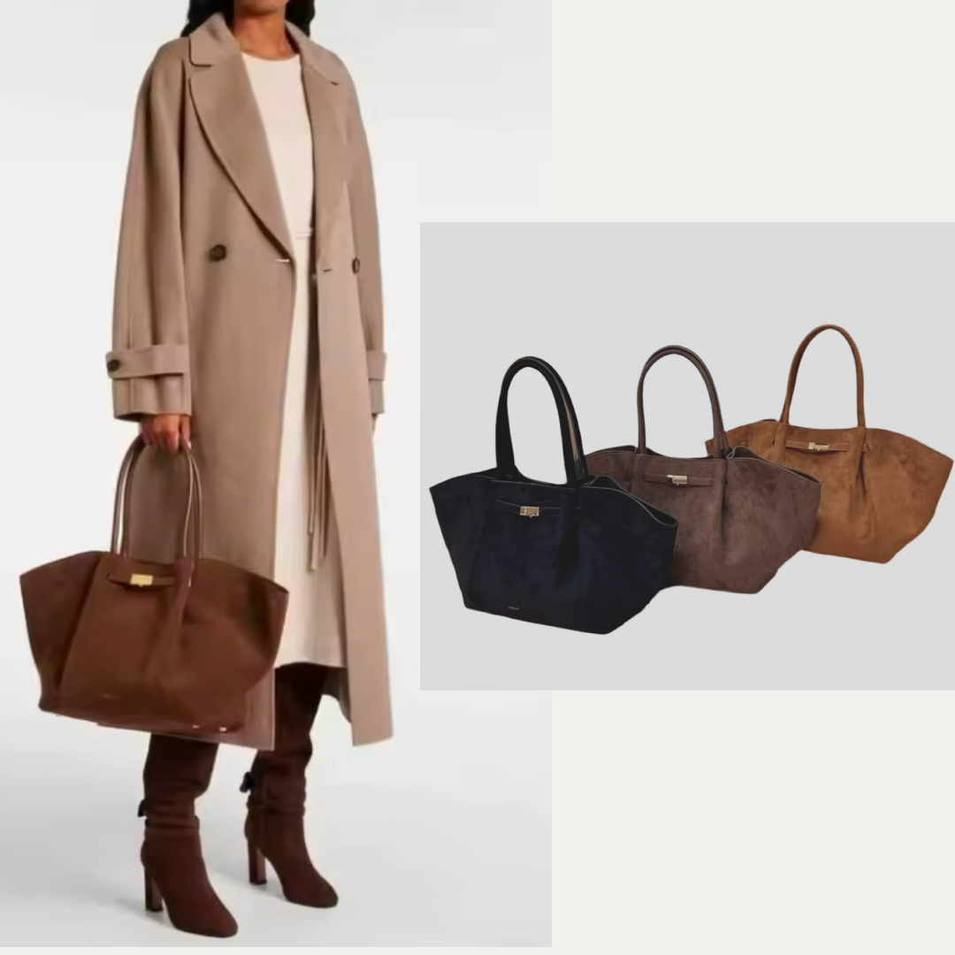 Elegante, große Handtasche mit luxuriöser Wildleder-Optik und goldenen Details. Verfügbar in Schwarz, Dunkelbraun und Cognacbraun. Perfekt für einen stilvollen, zeitlosen Look – ideal für Business und Alltag.