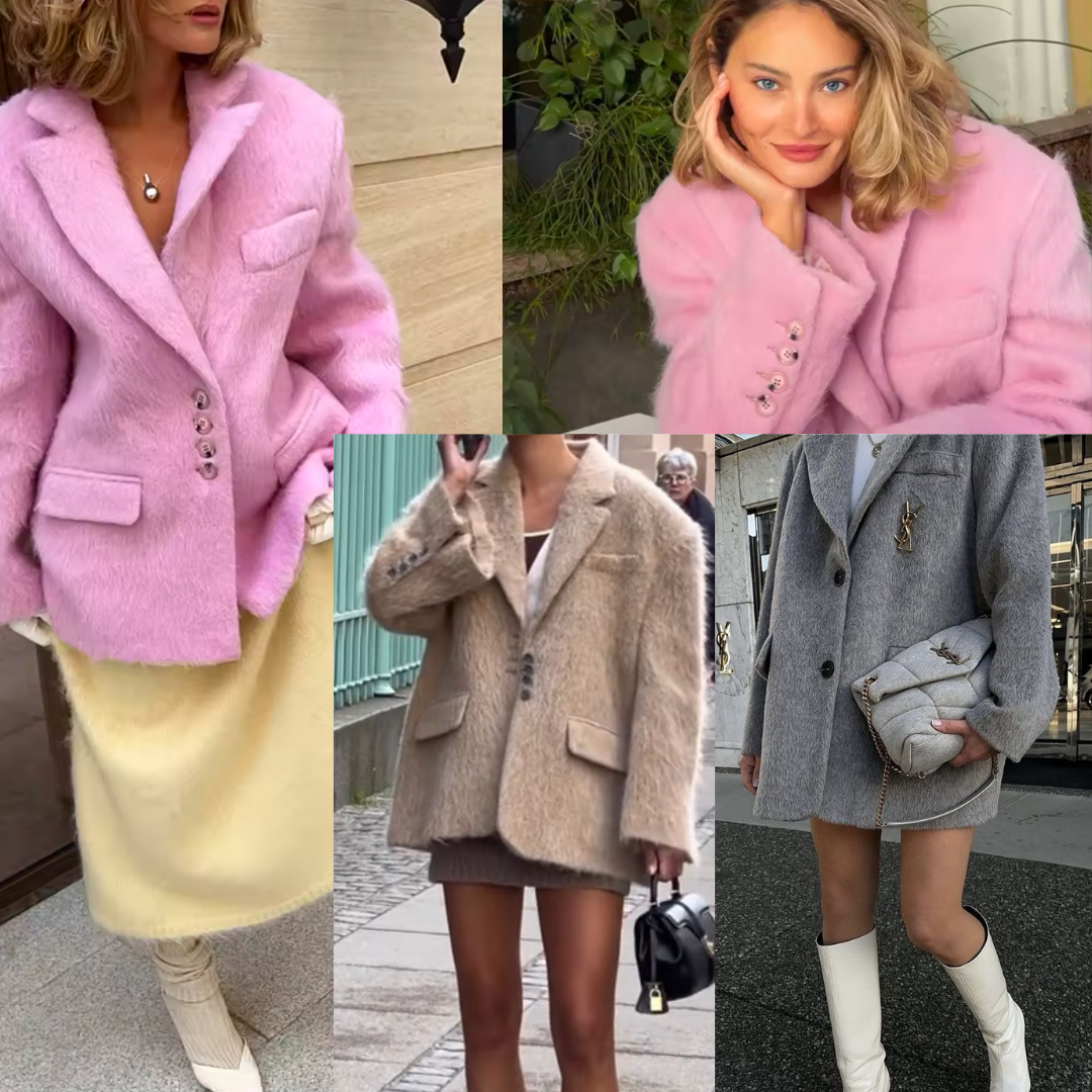Eleganter Oversized-Mantel aus flauschigem, strukturiertem Material mit klassischem Blazer-Schnitt. Verfügbar in Rosa, Beige und Grau – perfekt für einen luxuriösen, stilvollen Look mit modernem Touch.