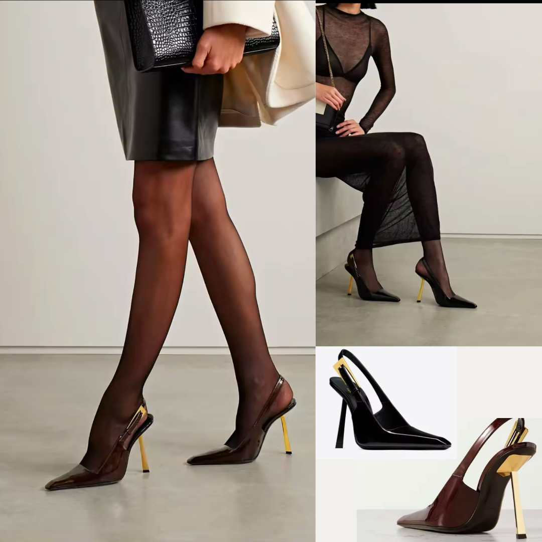 Elegante Slingback-Pumps mit spitzer Zehenpartie, hochglänzendem Lack-Finish und goldfarbenem Stiletto-Absatz. Verfügbar in Schwarz und Burgunder rot – perfekt für einen edlen, modernen Look.
