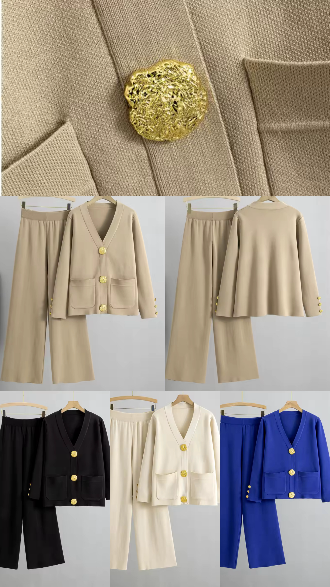 Aurora Luxe Set – Elegantes 2-teiliges Outfit mit Strickjacke und weiter Hose, verziert mit auffälligen goldfarbenen Knöpfen, ideal für Business und elegante Anlässe.