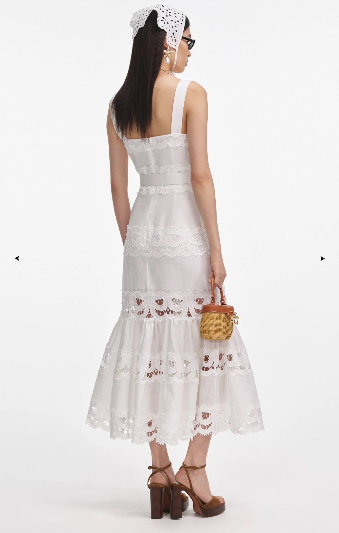 Self-Portrait White Linen Lace Midi Dress