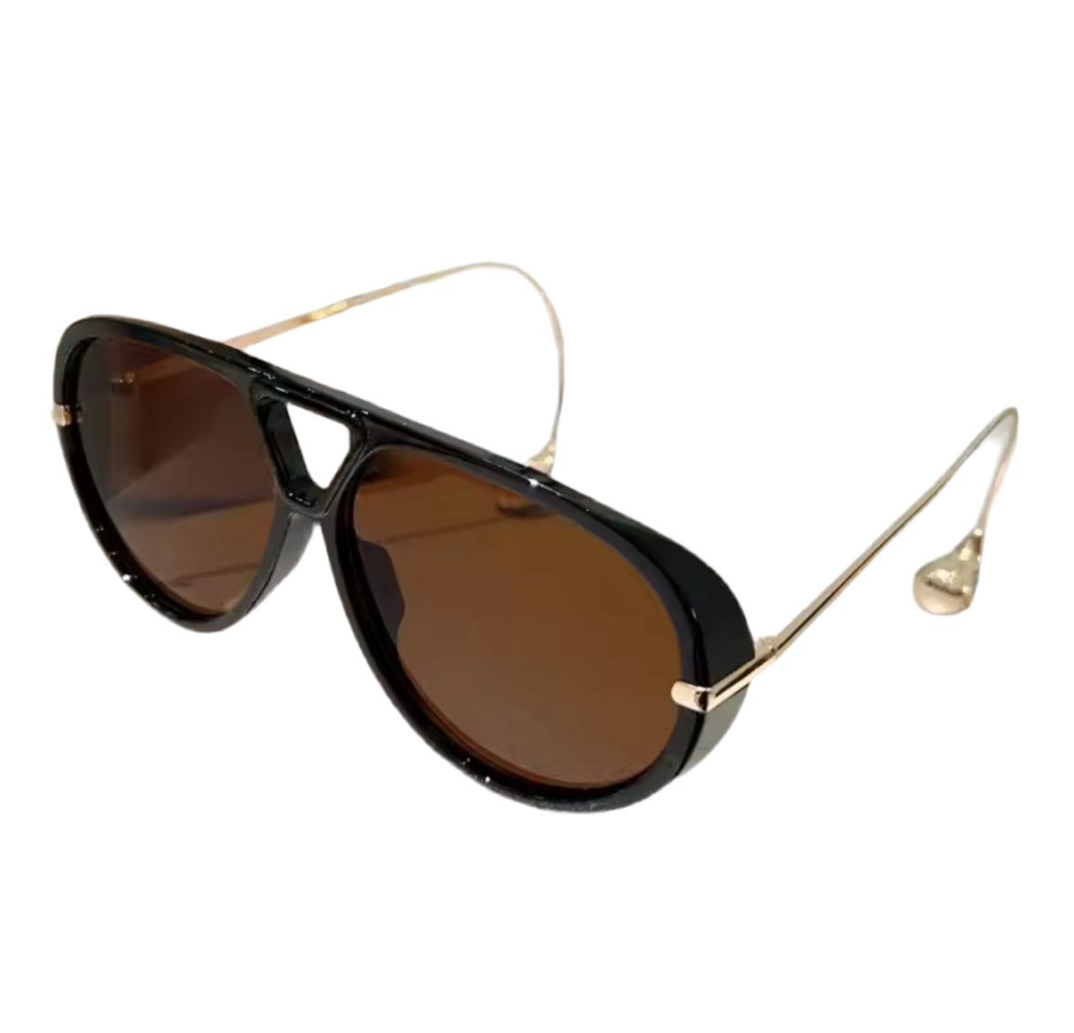 Moderne Sonnenbrille im Statement-Design mit tropfenförmigen Endstücken an goldenen oder silbernen Metallbügeln. Erhältlich in Schwarz, Blau, Braun, Gelb und Schildpatt – stilvoll, auffällig und hochwertig.