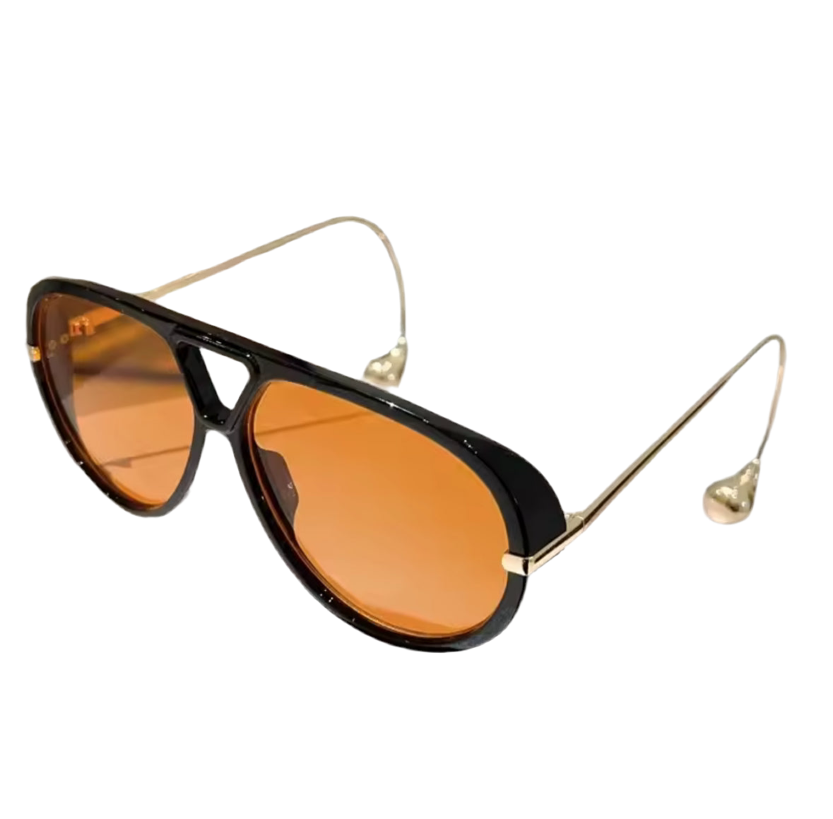 Moderne Sonnenbrille im Statement-Design mit tropfenförmigen Endstücken an goldenen oder silbernen Metallbügeln. Erhältlich in Schwarz, Blau, Braun, Gelb und Schildpatt – stilvoll, auffällig und hochwertig.