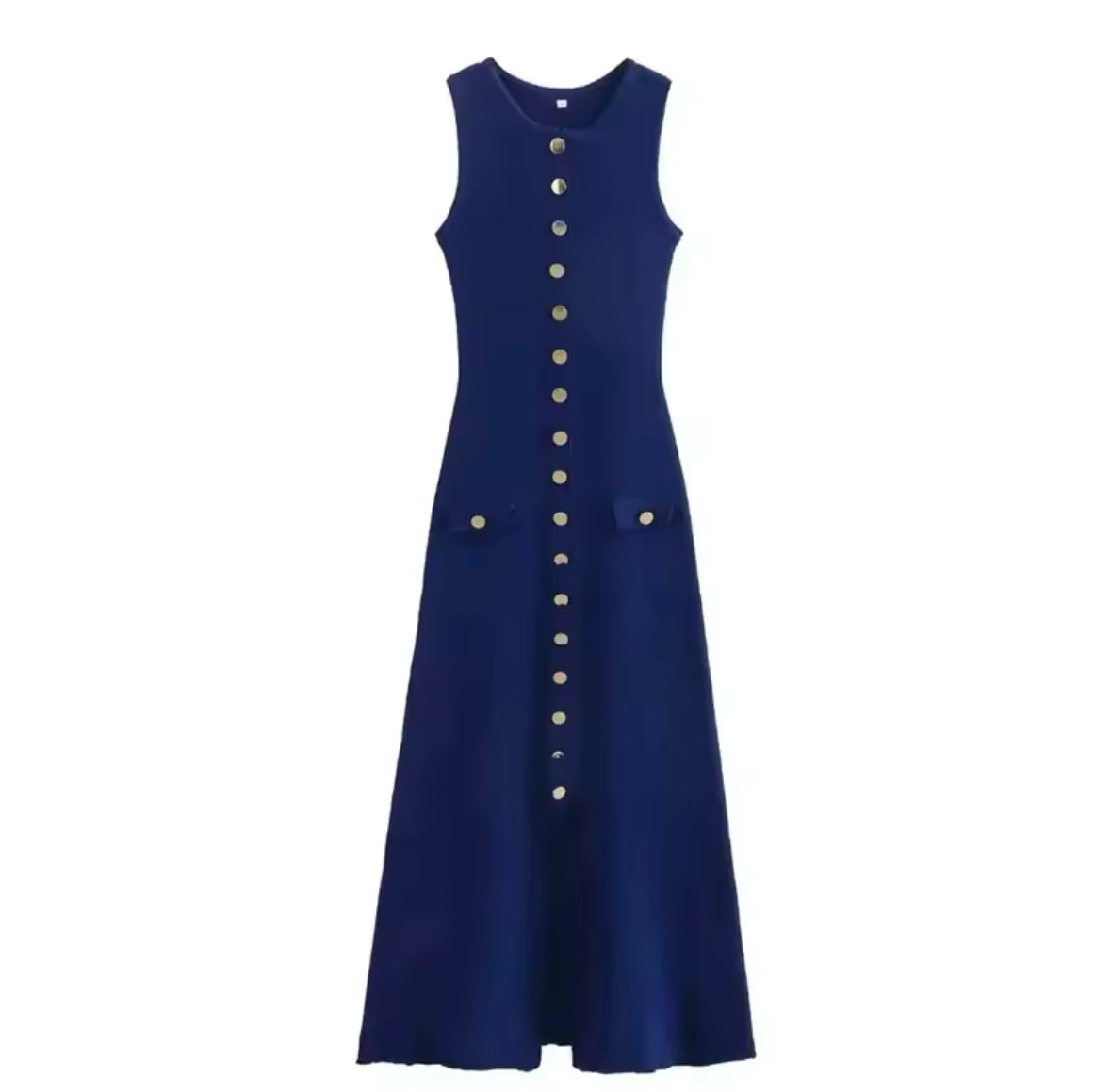 Zeitloses Maxikleid in Marinenblau mit durchgehender Knopfleiste und figurbetonter Passform. Minimalistisches Design mit edlen Details – ideal für stilvolle Sommer-Looks und elegante Casual-Outfits.