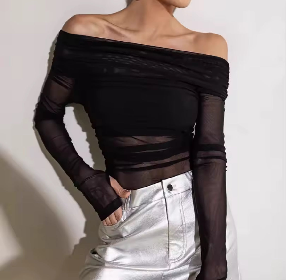 Noir Off-Shoulder Mesh Top