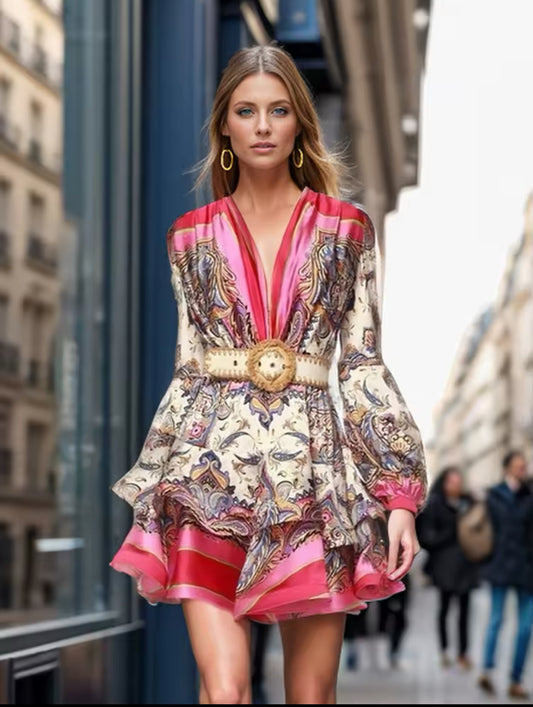 Model trägt ein elegantes, kurz geschnittenes Seidenkleid mit buntem Paisley-Muster in Pink und Creme, tailliert mit einem auffälligen goldenen Gürtel, perfekt für City-Chic und besondere Anlässe.