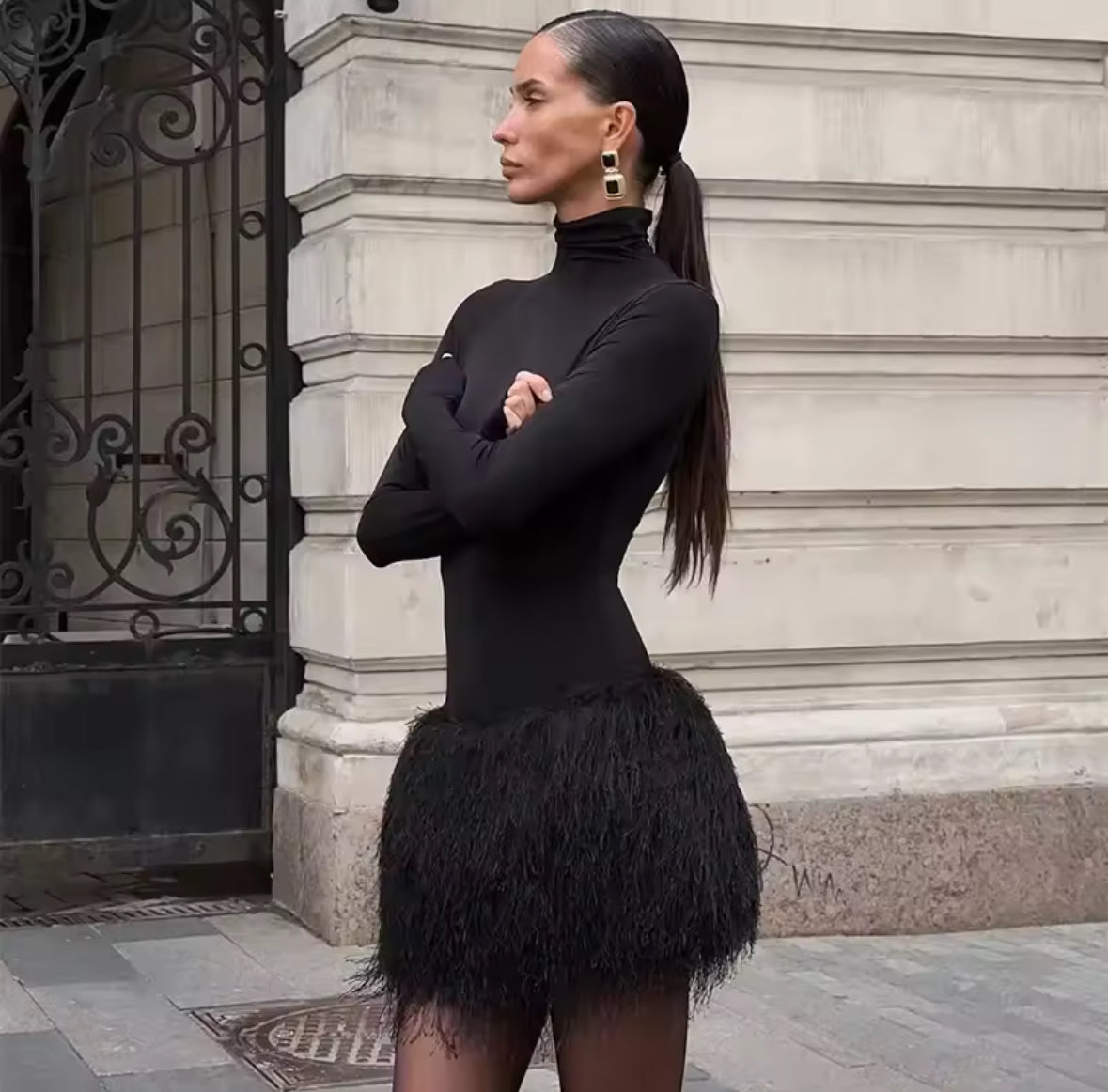 Noir Plume Mini Dress