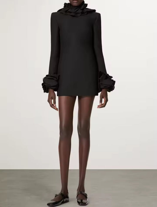 Noir Ruffle Backless Mini Dress