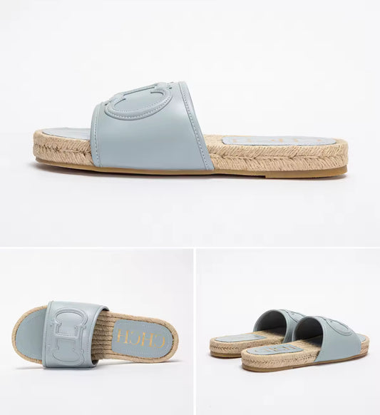 CHCH Slides in Pink, Hellblau und Dunkelblau mit Bast-Optik und rutschfester Gummisohle