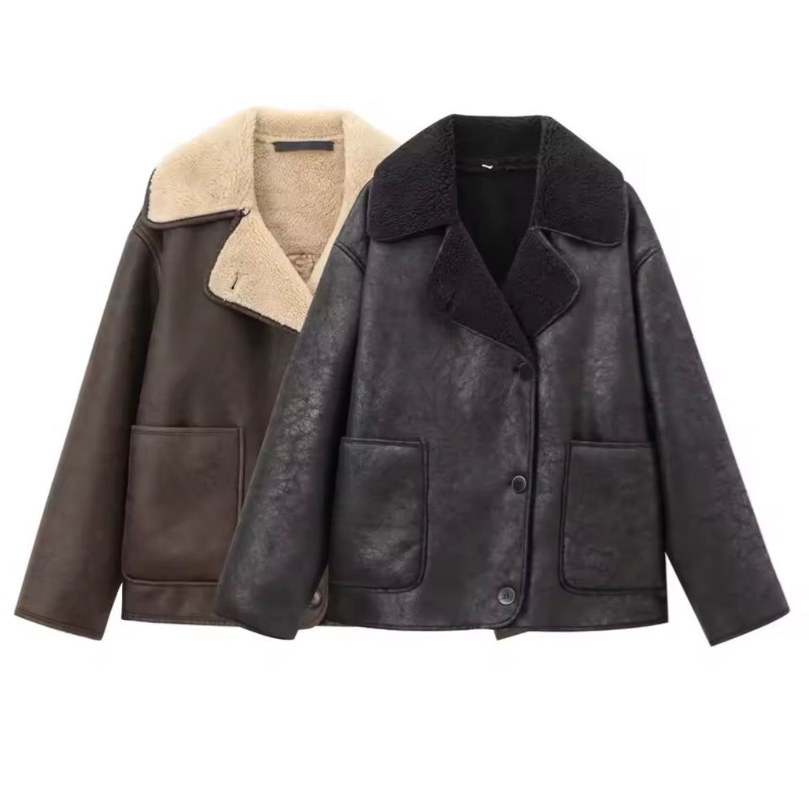 Stylische Damenjacke Mira aus Kunstleder mit Shearling-Futter in Schwarz oder Dunkelbraun, Oversize-Schnitt und großen Taschen – perfekt für kalte Tage.