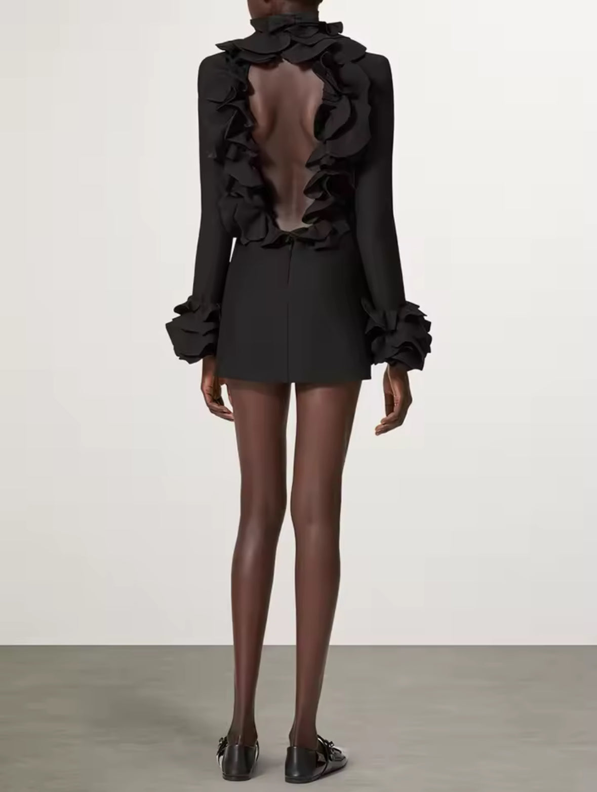 Noir Ruffle Backless Mini Dress