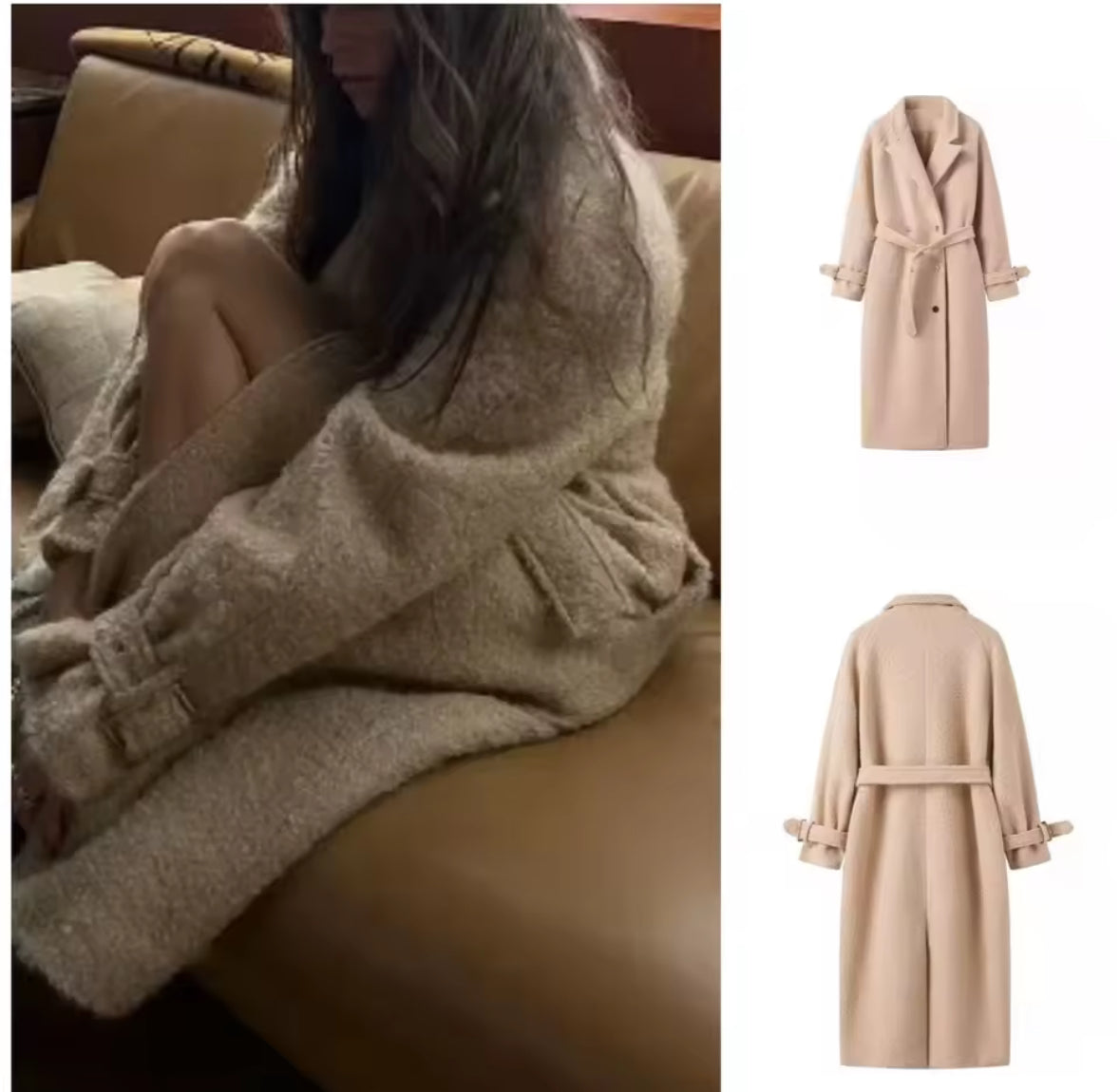 Luxuriöser beiger Wollmantel mit Oversize-Schnitt, Bindegürtel und klassischen Revers, perfekt für elegante Winterlooks.