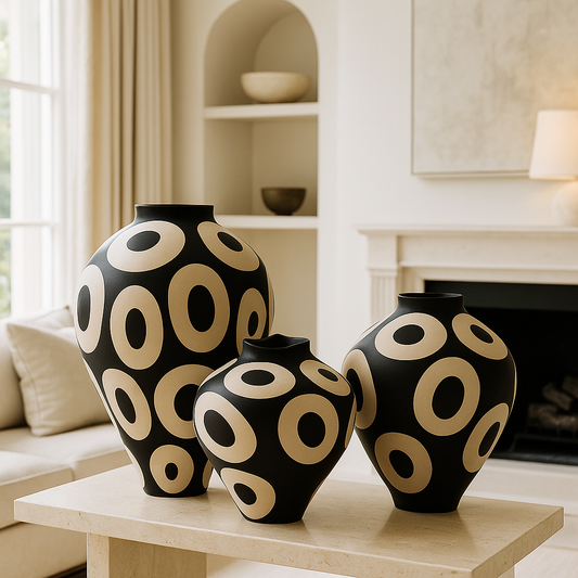 Monochrome Circle Keramikvase – handgezeichnet