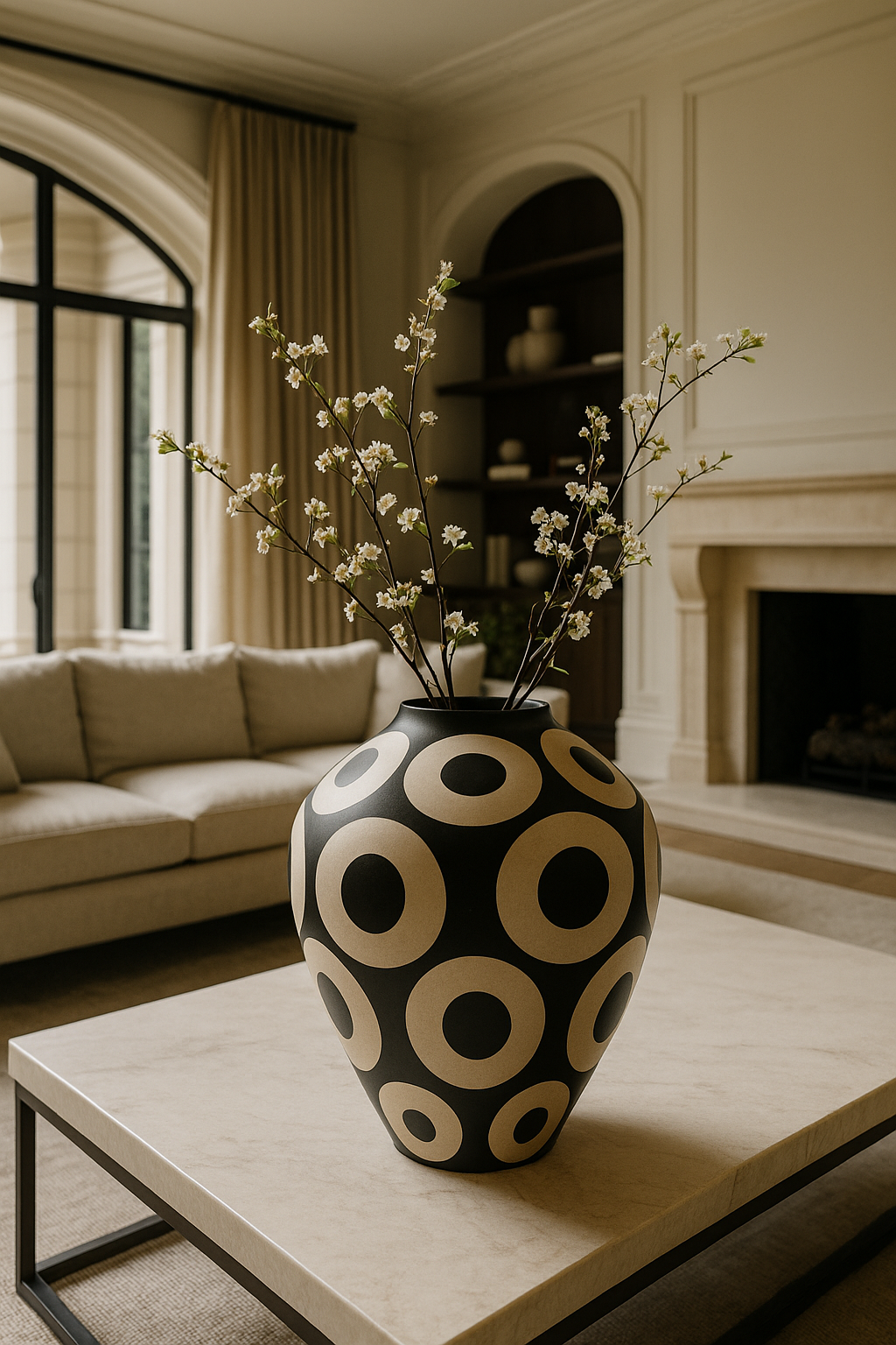 Monochrome Circle Keramikvase – handgezeichnet