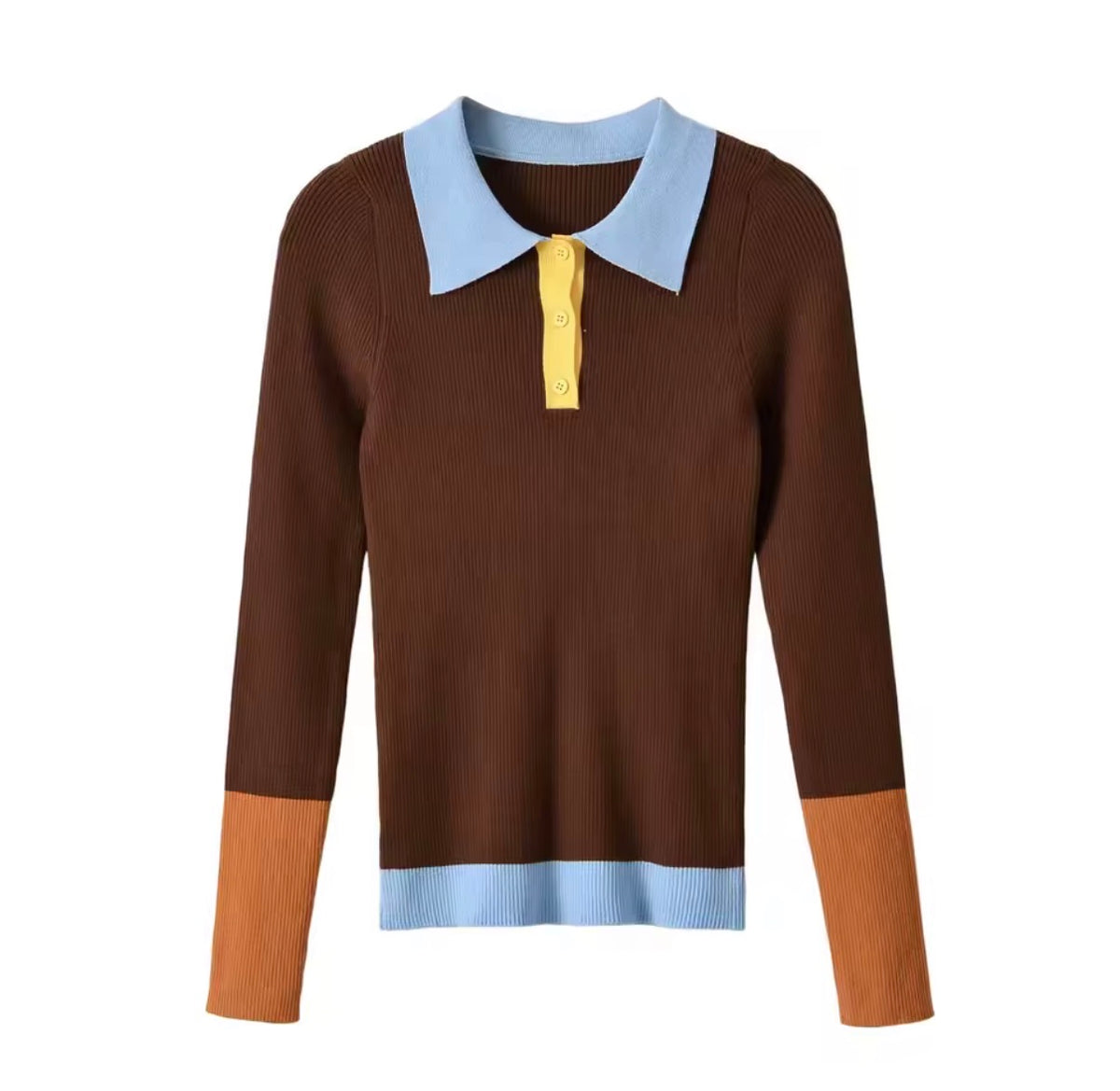 Colorblock Rippstrick-Polopullover Braun