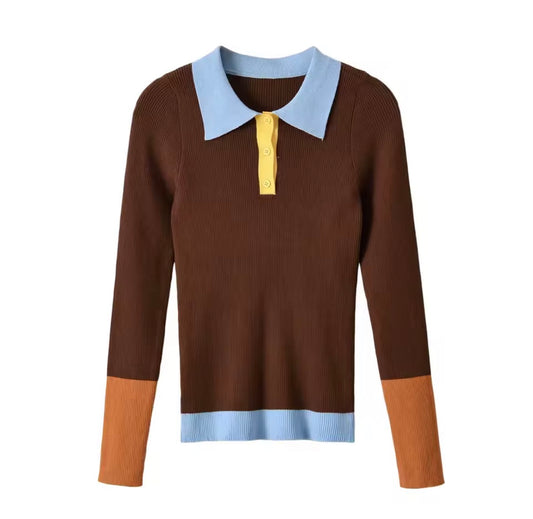 Colorblock Rippstrick-Polopullover Braun
