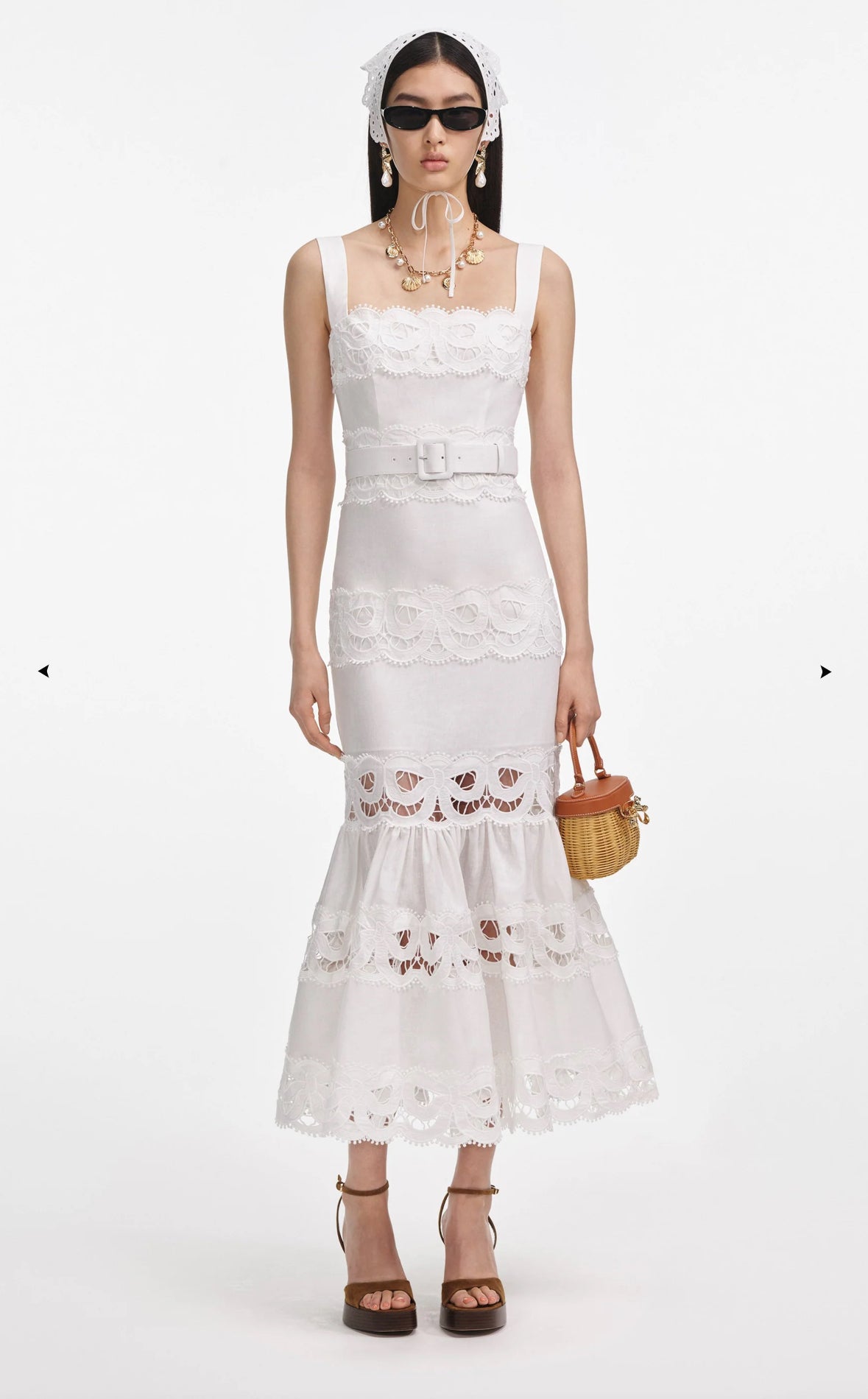 Self-Portrait White Linen Lace Midi Dress