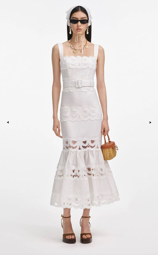 Self-Portrait White Linen Lace Midi Dress