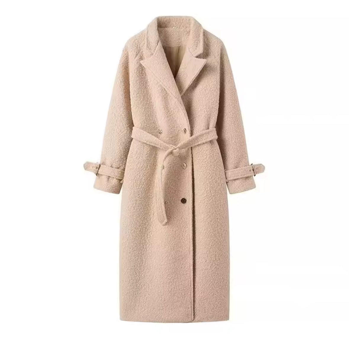 Luxuriöser beiger Wollmantel mit Oversize-Schnitt, Bindegürtel und klassischen Revers, perfekt für elegante Winterlooks.